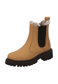 Stivaletti color cuoio in morbido suede, con collo in pelliccia ecologica, pannelli laterali elastici e suola spessa e robusta nera.