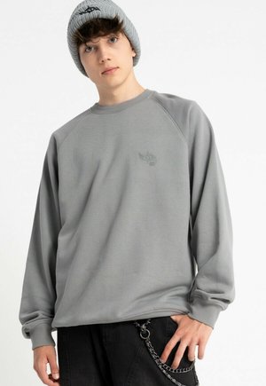 Szary sweatshirt z długimi rękawami raglanowymi i okrągłym dekoltem, z wytłoczonym logo na piersi. Noszony z ciemnymi spodniami i szarym beanie.
