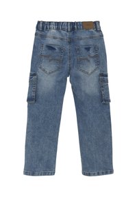 Denim cargobyxor med en ljusblå tvätt, elastisk midja och två sidofickor, med bleknings- och sömdetaljer på baksidan.