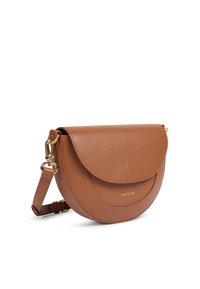 Brown leather crossbody bag with a curved flap, gold hardware, and a subtle logo. Adjustable strap and textured finish for a refined look.