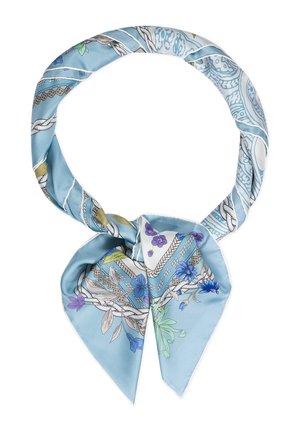 Light blue silk scarf with floral and geometric patterns, tied in a loose knot, showing purple, blue, and green flower details.
