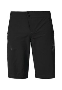 Schwarze WandShorts mit einem seitlichen Reißverschlussfach, einer Zwei-Knopf-Taillierung und einem dezenten Logo-Detail am unteren linken Bein. Leichter Stoff.