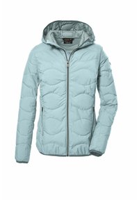 Helle blaue Steppjacke mit Kapuze, ausgestattet mit einem Frontreißverschluss, seitlichen Taschen und einem strukturierten Wellenmuster auf der gesamten Fläche. Glattes, strapazierfähiges Material.