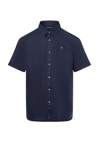 Marineblauw overhemd met korte mouwen en een geknoopte kraag, voorzien van vijf knopen en een klein geborduurd logo op de borst. Structuur van katoen.