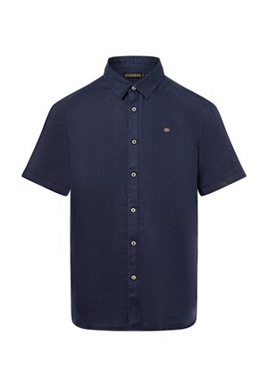 Marineblaues Kurzarmhemd mit Button-Down-Kragen, ausgestattet mit fünf Knöpfen und einem kleinen gestickten Logo auf der Brust. Strukturierter Baumwollstoff.