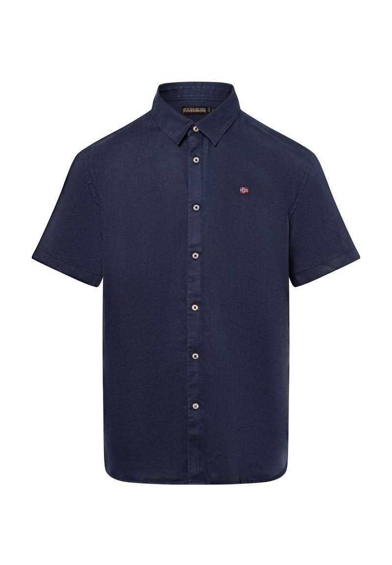 Marineblauw overhemd met korte mouwen en een geknoopte kraag, voorzien van vijf knopen en een klein geborduurd logo op de borst. Structuur van katoen.