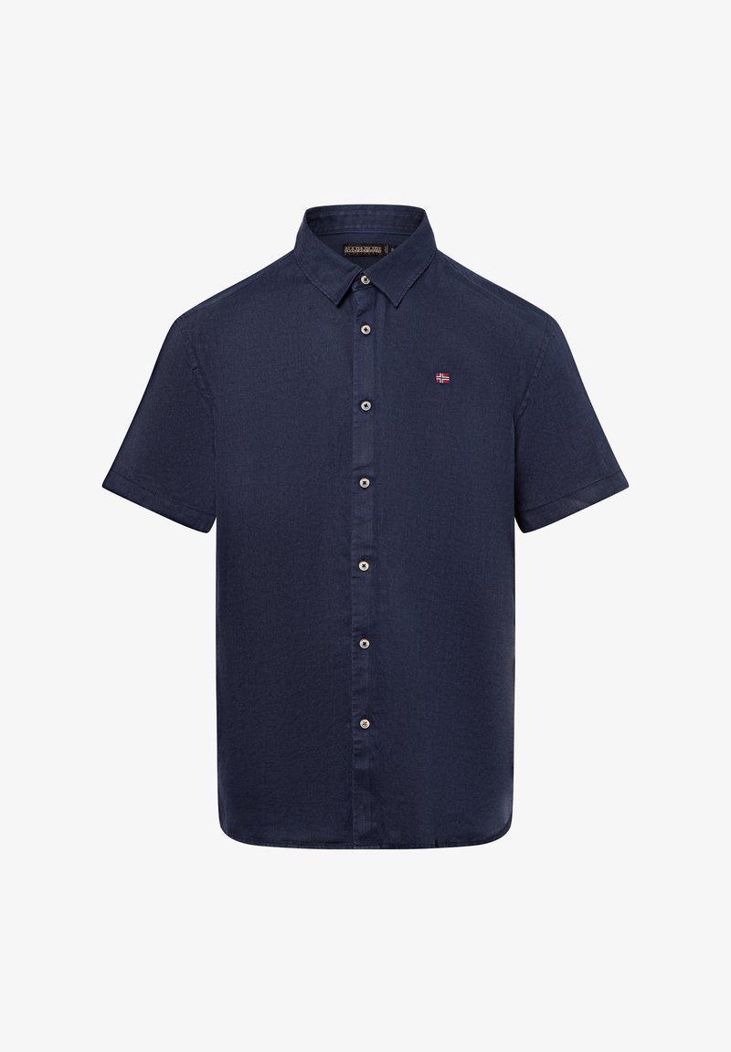 Marineblauw overhemd met korte mouwen en een geknoopte kraag, voorzien van vijf knopen en een klein geborduurd logo op de borst. Structuur van katoen.