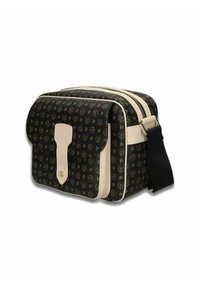 Borsa nera con un motivo ripetuto e accenti crema. Presenta una chiusura a patta, una zip superiore e una tracolla regolabile. Materiale strutturato.
