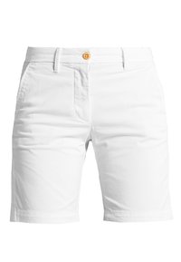 Pantaloni corti bianchi in cotone con chiusura a bottone, due tasche frontali e taglio dritto. Tessuto liscio e senza motivi visibili.