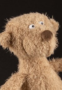 Tan plush teddy bear with a shaggy texture, round white eyes, and a brown nose, featuring short arms and ears.