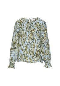 Langärmlige Bluse mit einem grünen und blauen abstrakten Muster, aus weichem Stoff, mit Rundhalsausschnitt und gerafften Manschetten. Detail mit Schlüssel-Ausschnitt auf der Rückseite.