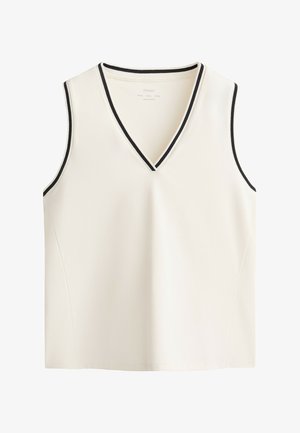 Haut sans manches blanc avec un col en V, présentant un bord noir le long du décolleté et des emmanchures. Texture lisse et design simple.