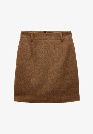 Brauner knieumspielender Rock mit Fischgrätmuster, Gürtelschlaufen und geradem, figurbetontem Schnitt.