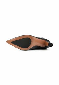 Black high-heeled shoe with a pointed toe, smooth leather upper, and a slender heel. The sole is light brown with a textured grip.