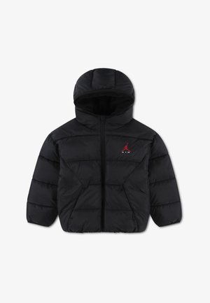 Schwarze wattierte Kapuzenjacke mit Frontreißverschluss und kleinem rotem Jumpman Air-Logo auf der linken Brust.