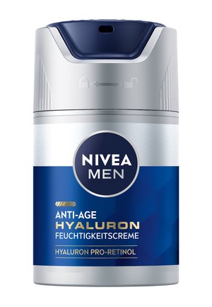 NIVEA MEN anti-age cream in a silver and navy container. Features a rounded shape, textured cap, and label with gold accents and hexagonal pattern.