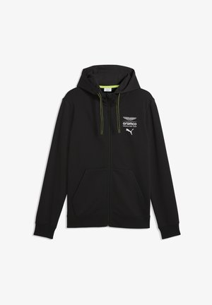 Sudadera con capucha negra con cremallera, hecha de tela suave, con capucha, dos bolsillos delanteros y cordones de color verde neón. Incluye logotipos en el pecho.