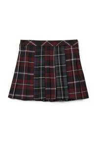 Korte geplooide rok met een rood, zwart, paars en wit ruitpatroon, plat weergegeven op een witte achtergrond.