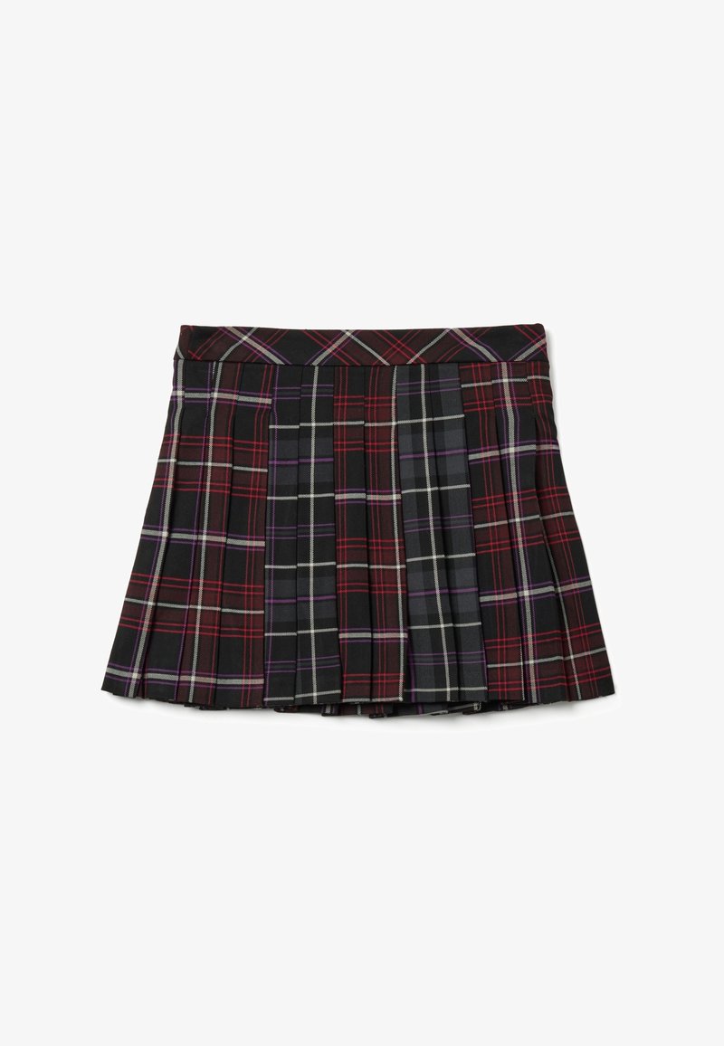 Korte geplooide rok met een rood, zwart, paars en wit ruitpatroon, plat weergegeven op een witte achtergrond.