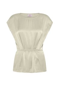 Lysegrøn, kortærmet bluse i satinvævet materiale. Har en bælte ved taljen og plisseret design for ekstra tekstur og form.