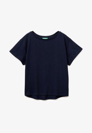 T-shirt blu navy a maniche corte con scollo rotondo, orlo leggermente arrotondato e design semplice e uniforme.