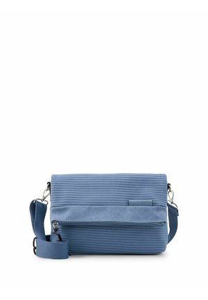 Blue fabric crossbody bag with textured pattern, front zip pocket, and adjustable shoulder strap with metal clasps.