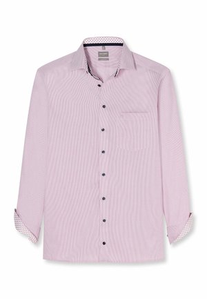 Hellrosa langärmeliges Herrenhemd mit schwarzen Knöpfen, einer Brusttasche und gemustertem Innenfutter an Kragen und Manschetten.