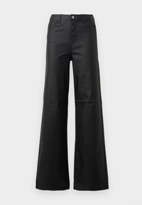 Jeans negri cu picioare largi, realizate din denim neted, având sistem de închidere cu nasture, buzunare frontale și un design cu talie înaltă.