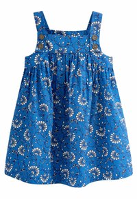 Sininen kukkamekko valkoisilla päivänkakkaroilla, olkaimilla, nappiyksityiskohdilla ja laskeutuvalla vyötäröllä rennon istuvuuden takaamiseksi. Puuvillakangasta.