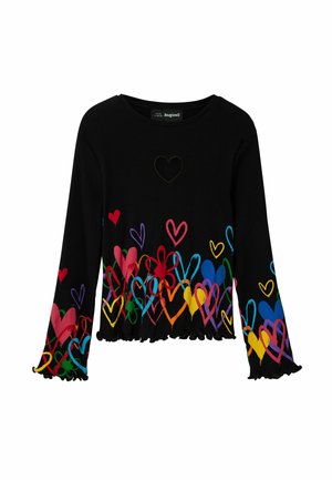 Pull noir à manches longues côtelé avec des motifs de cœurs multicolores à l'ourlet et une petite découpe en forme de cœur sur la poitrine. Bords froncés.