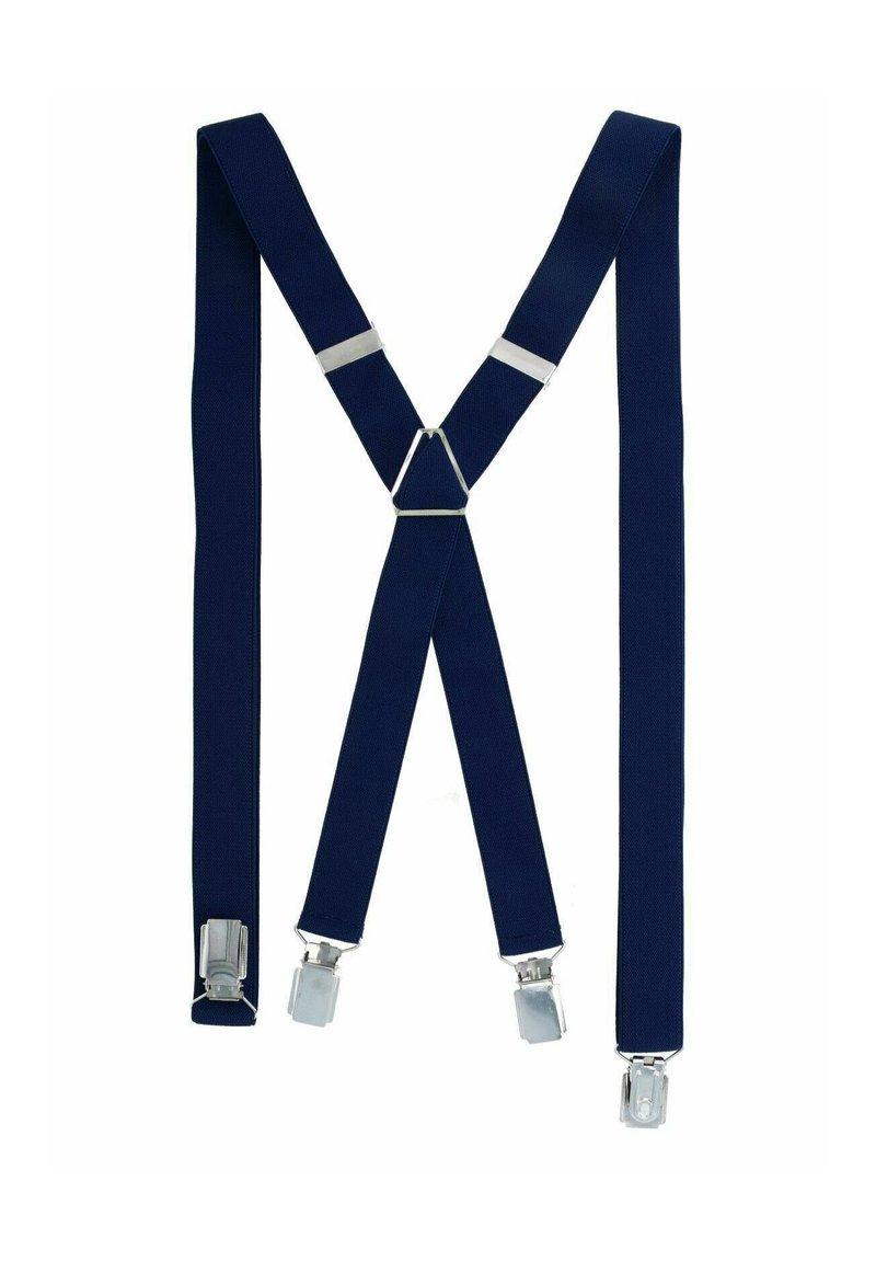 Navy blue elastic suspenders with silver metal clips and a triangular center piece. The straps are flat with a smooth texture throughout.