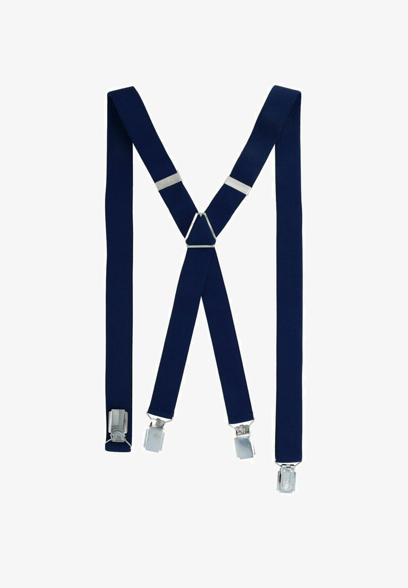 Navy blue elastic suspenders with silver metal clips and a triangular center piece. The straps are flat with a smooth texture throughout.