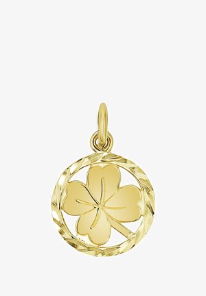 Gouden hanger met een ontwerp van een klavertje vier binnen een gestructureerde ronde omlijsting, voorzien van een kleine lus voor bevestiging aan een ketting.