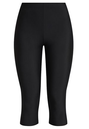 Schwarze Leggings aus elastischem Material, mit hohem Bund und verkürzter Länge, einer glatten, matten Oberfläche und ohne sichtbare Muster.