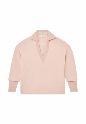 Pulover roz pal cu mâneci lungi, guler larg în formă de V deschis și manșete dantelă care se extind de sub mâneci mai scurte.