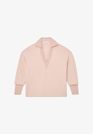Light pink long-sleeve pullover with wide open V-neck collar and ribbed cuffs extending from underneath shorter sleeves.