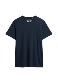 Marineblaue Baumwoll-T-Shirt mit Rundhalsausschnitt, kurzen Ärmeln und geradem Saum, mit einem Logostich im inneren Kragen.