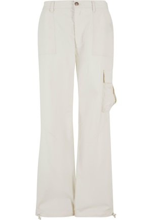 Pantalones cargo beige hechos de una tela ligera, con un bolsillo lateral, diseño de pierna recta y dobladillos ajustables con cordón.