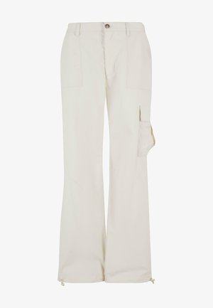 Bež cargo hlače iz lahkega materiala, z bočno žepom, ravnim krojem in nastavljivimi vrvicami na robovih.