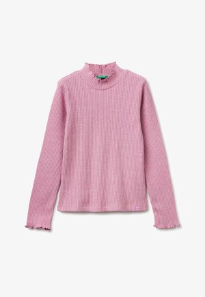 Geribbeld roze trui met lange mouwen, hoge hals en ruches. Gemaakt van zachte stof met een relaxte pasvorm, met een klein logo aan de onderkant.