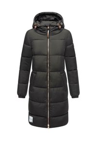 Svart puffjacka med huva, med dragkedja framtill, elastiska ärmslut och rundad nederkant. Kontrasterande detaljer förhöjer designen.