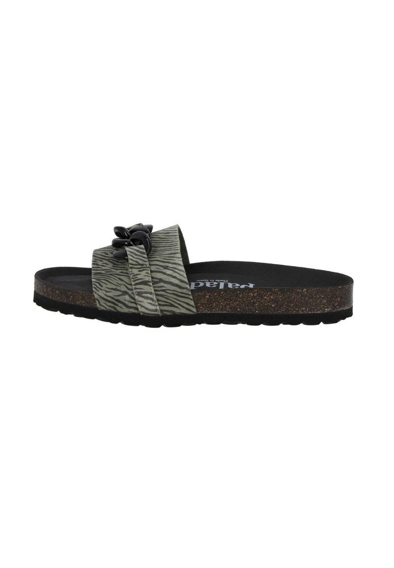 Grön zebramönstrad slidesandal med ett svart spänne, strukturerade remmar och en korksula. Svart gummiyttersula för grepp.