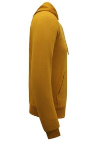 Mosterdgele hoodie met lange mouwen, een voorzak, een capuchon met trekkoord en ribgebreide boorden. Glad textuur, casual ontwerp.