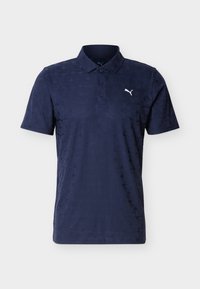 Polo bleu marine à manches courtes avec col, trois boutons, motif géométrique subtil et logo Puma blanc sur la poitrine gauche.