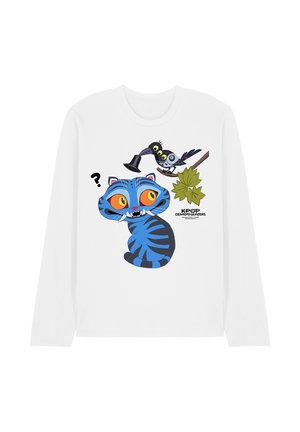 Blue striped cat with large orange eyes looking puzzled, a black bird holding a top hat on a branch above, and "KPOP Demon Hunters" text.