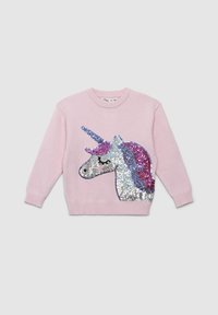 Maglione rosa chiaro a maniche lunghe con una grande testa di unicorno scintillante in paillettes argento, viola, blu e rosa sul davanti.