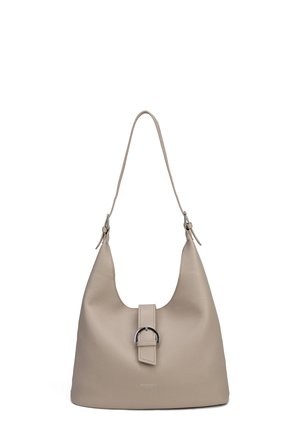 Taupe leather shoulder bag with adjustable strap and silver buckle closure on the front center.