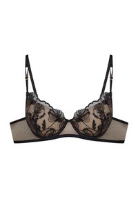 Czarny koronkowy biustonosz z floralnym haftem, przezroczyste miseczki z siateczki, falbaniaste krawędzie, regulowane ramiączka i solidna taśma. Zawiera złote akcenty.