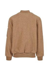 Bruine fleecejas met textuur, ronde hals, geribbelde manchetten en tailleband. Achteraanzicht toont geen zichtbare zakken of sluitingen.