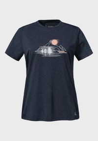 T-paita tummansinisestä kevyestä kankaasta, jossa on valkoinen ja korallinvärinen graafinen kuva vuorista ja auringosta. Pyöreä kaula-aukko, lyhyet hihat.
